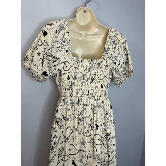 Japna Square Neck Puff Sleeve Midi Dress Black Cream Floral Women's M - Picture 8 of 15